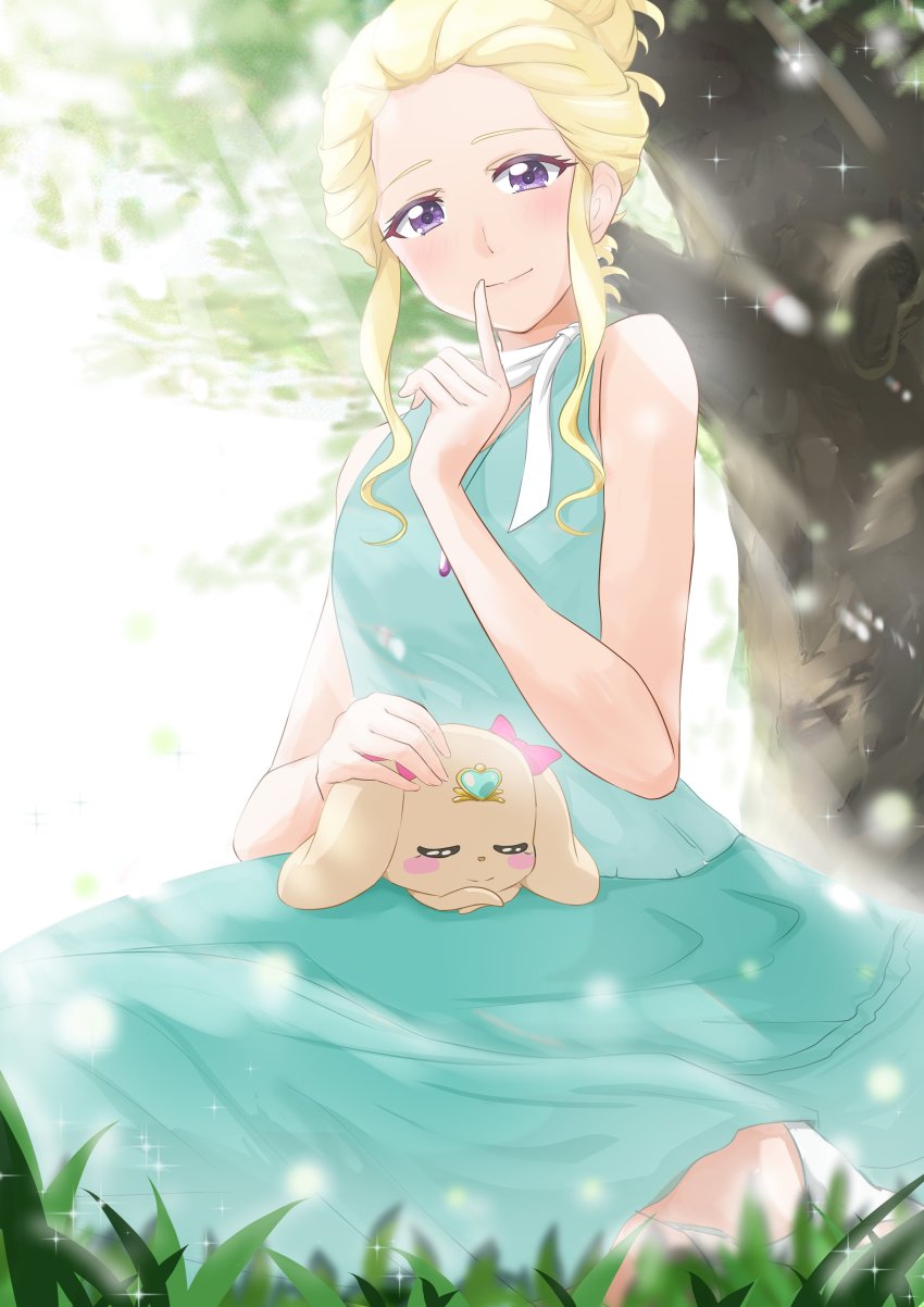 1girl absurdres aqua_dress blonde_hair breasts closed_mouth day dog dress fuurin_asumi grass hair_bun healin&#039;_good_precure highres jewelry ken_akai latte_(precure) medium_breasts medium_hair necklace open_mouth precure purple_eyes scarf sidelocks sitting sleeping sleeveless sleeveless_dress smile sunlight tree