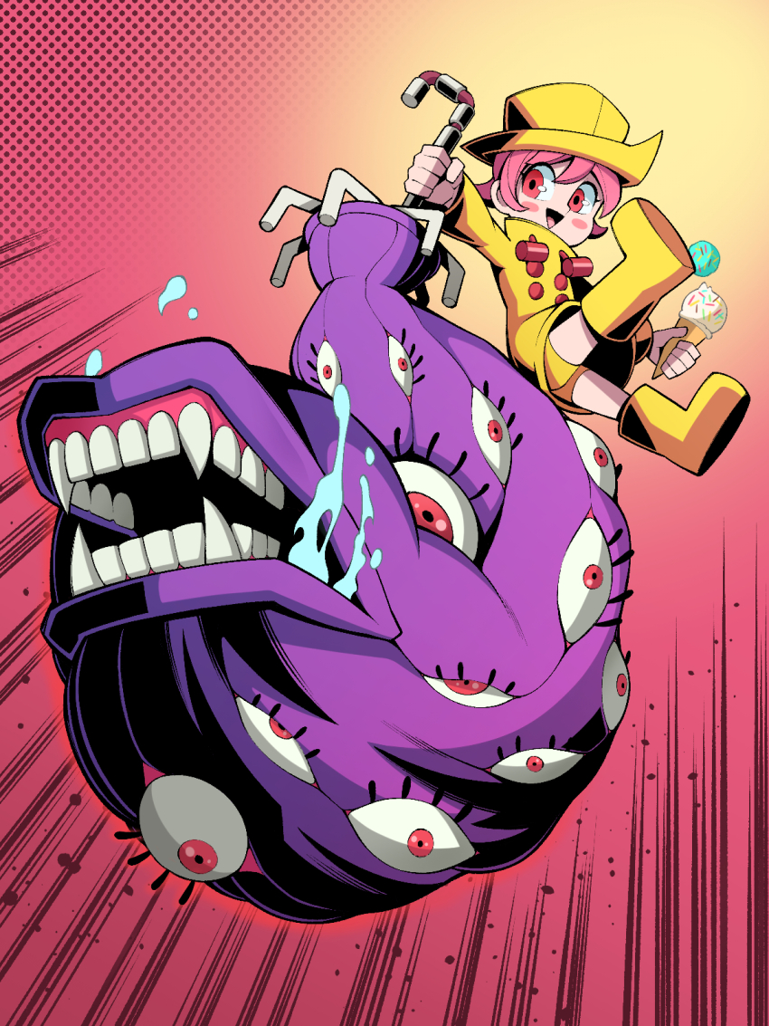 1girl boots dress extra_eyes food highres holding holding_food holding_ice_cream holding_umbrella hungern_(skullgirls) ice_cream open_mouth pechamaju pink_hair red_eyes saliva sharp_teeth skullgirls smile teeth umbrella umbrella_(skullgirls) yellow_boots yellow_dress yellow_headwear