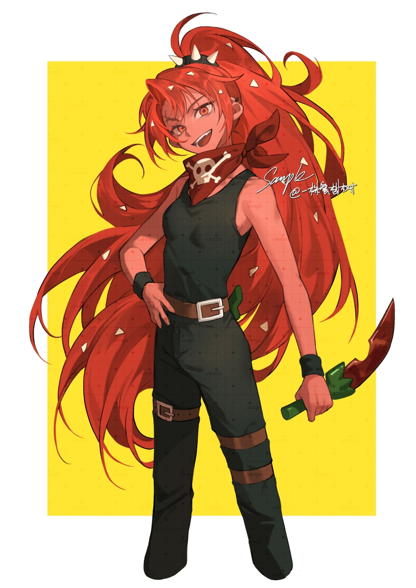 1girl :d absurdres arm_at_side artist_name bandana bandana_around_neck bare_arms belt belt_buckle black_tank_top border breasts brown_belt buckle chili_pepper_cookie colored_skin cookie_run cropped_legs curtained_hair dagger ear_piercing hand_on_own_hip head_tilt high_ponytail highres holding holding_dagger holding_knife holding_weapon knife kyuuden_mikan leg_belt long_hair open_mouth outside_border piercing ponytail red_bandana red_eyes red_hair red_skin sample_watermark side_part skull_print small_breasts smile solo spiked_hair_ornament tank_top teeth three_quarter_view very_long_hair watermark weapon white_border wristband yellow_background