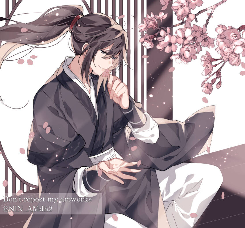 1boy bishounen black_hair black_hanfu branch cherry_blossoms chinese_clothes english_text falling_petals flower grey_eyes hair_between_eyes hair_tie hanfu highres holding holding_flower hyottokoane lattice long_hair long_sleeves male_focus modao_zushi pants petals pink_flower ponytail sidelocks sitting smile solo twitter_username watermark wei_wuxian white_pants window