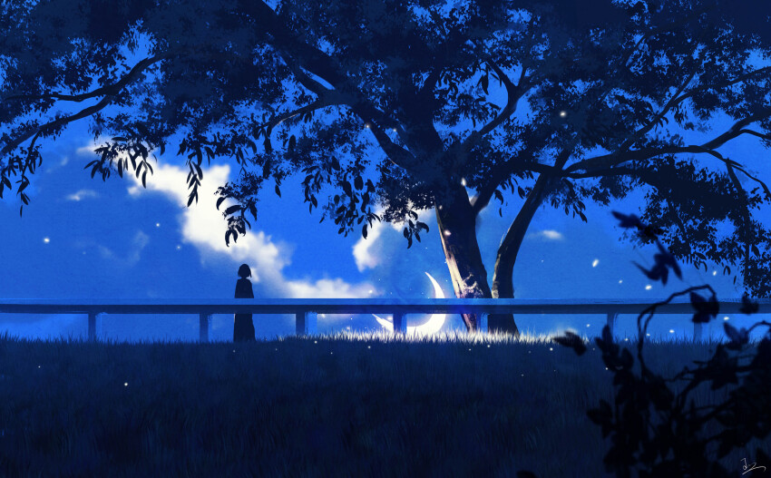 1girl absurdres blue_sky cloud cloudy_sky crescent grass highres huashijw original outdoors scenery silhouette sky solo standing tree