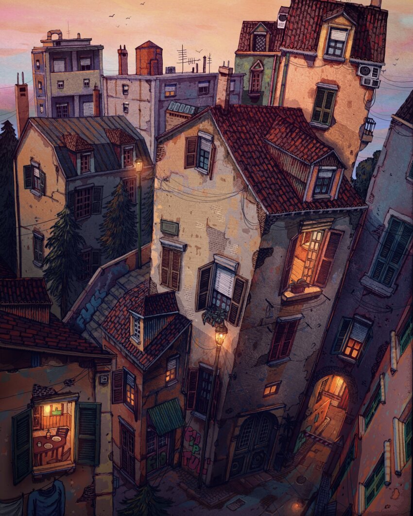 architecture awning balcony branch building chimney door francisco_fonseca graffiti highres house lamppost no_humans open_window original power_lines rooftop sky stairs water_tower window window_light