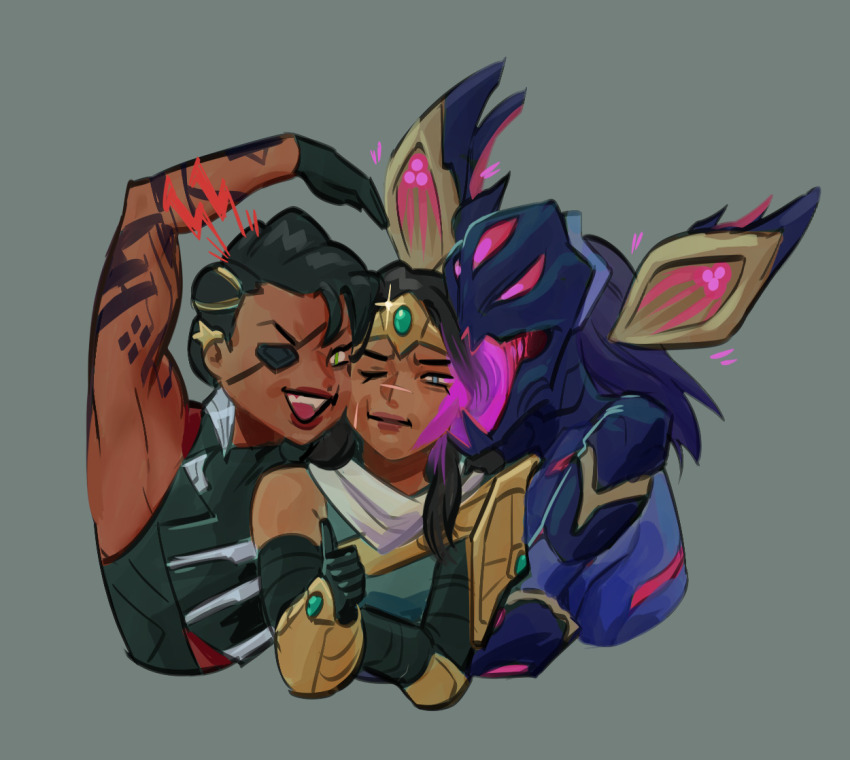 3girls abs amputee andrea_salonga annoyed arm_tattoo black_gloves black_hair bodysuit chibi closed_mouth colored_tongue detached_wings earrings eyepatch gloves green_eyes grey_background hair_ornament hug jewelry kai&#039;sa league_of_legends looking_at_viewer multiple_girls one_eye_closed open_mouth purple_hair purple_tongue samira scarf simple_background sivir smile tan tattoo tongue tongue_out upper_body white_scarf wings