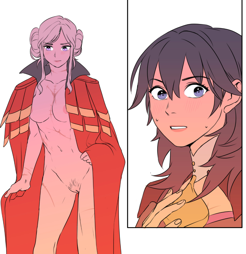2girls blue_eyes blue_hair blush female_byleth_(fire_emblem) cape cowboy_shot double_bun edelgard_von_hresvelg edelgard_von_hresvelg_(timeskip) fire_emblem fire_emblem:_three_houses hair_bun highres multiple_girls multiple_scars naked_cape navel nervous nintendo pubic_hair purple_eyes pussy radiostarkiller red_cape scar white_hair yuri