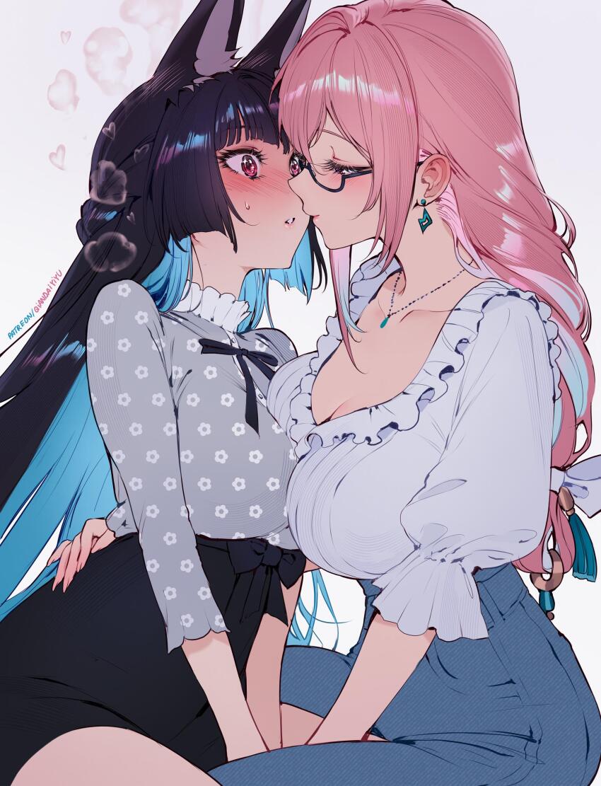 absurdres animal_ears black_hair blush breasts denim earrings glasses highres hoshimi_miyabi imminent_kiss jeans jewelry large_breasts long_hair necklace pants patreon_username pink_hair qiandaiyiyu tsukishiro_yanagi white_background yuri zenless_zone_zero