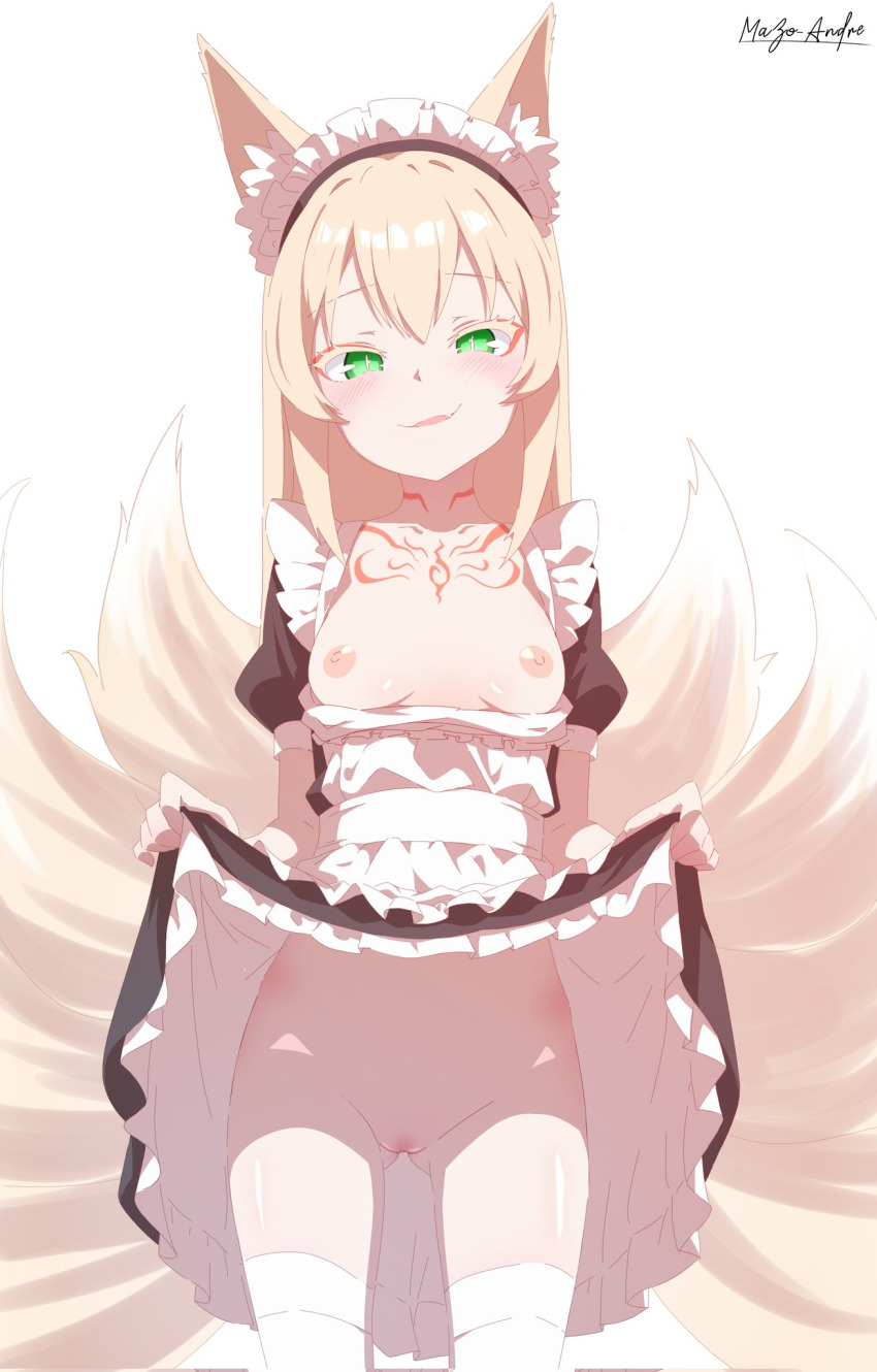 animal_ears apron blonde_hair blush chest_tattoo fox_ears green_eyes grin highres kitsune kyuubi maid maid_apron mon-musu_quest! mon-musu_quest:_paradox multiple_tails sent99 smile smug tail tamamo_(mon-musu_quest!) tattoo