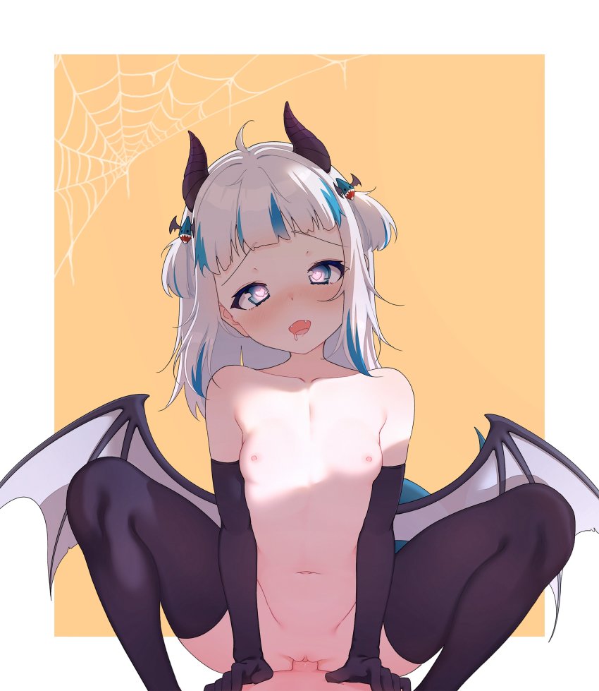 1boy 1girl absurdres ahoge arm_support bad_id bad_link bad_twitter_id bare_shoulders blue_eyes blue_hair breasts collarbone cowgirl_position demon_girl demon_horns demon_wings elbow_gloves fangs fins fish_tail gawr_gura girl_on_top gloves glowing glowing_eyes hair_ornament head_tilt heart heart-shaped_pupils hetero highres hololive hololive_english horns loli looking_at_viewer lucasyecla99 medium_hair multicolored_hair navel nipples open_mouth penis pov pussy saliva sex shark_girl shark_hair_ornament shark_tail silk small_breasts spider_web straddling symbol-shaped_pupils tail thighhighs twintails two-tone_background two-tone_hair uncensored vaginal virtual_youtuber white_background white_hair wings yellow_background
