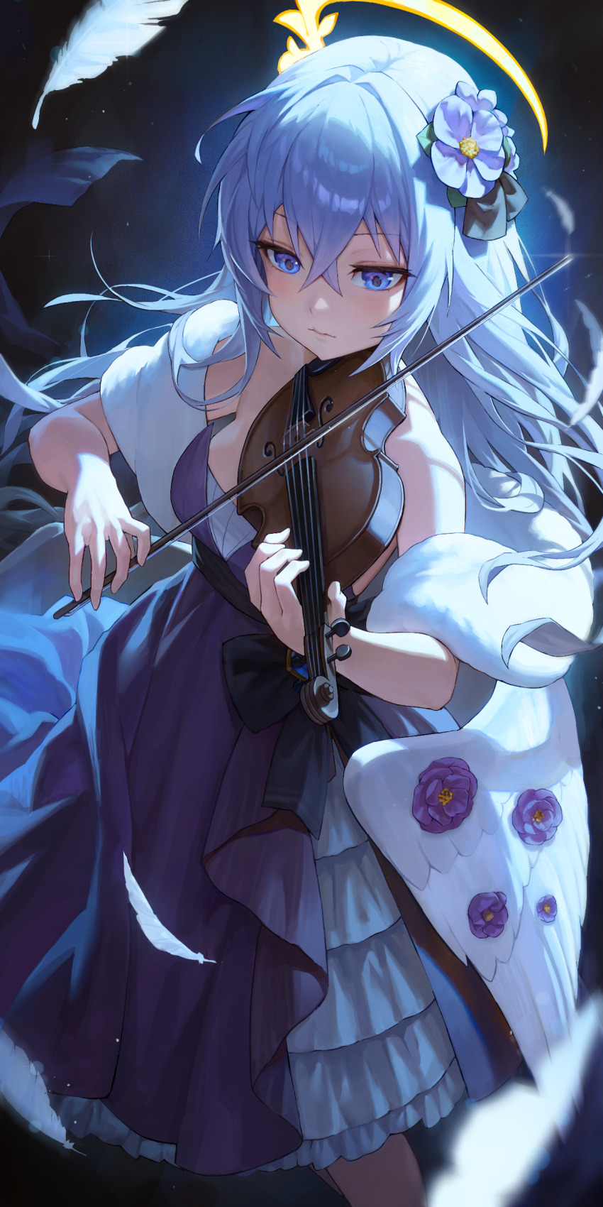 1girl absurdres azusa_(blue_archive) blue_archive blue_eyes bow_(music) breasts commentary_request cowboy_shot crescent_halo dress feather_boa feathered_wings flower hair_flower hair_ornament halo highres holding holding_bow_(music) holding_instrument holding_violin instrument long_hair low_wings medium_breasts muna_1414 music playing_instrument purple_dress purple_flower solo violin white_wings wings yellow_halo