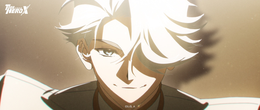 1boy absurdres blue_eyes bodysuit chinese_commentary close-up commentary_request copyright_logo curtained_hair drop_shadow evil_smile hair_over_one_eye highres light_particles logo looking_at_viewer male_focus nice_(to_be_hero_x) official_art partially_shaded_face portrait short_hair sidelighting smile smirk solo to_be_hero to_be_hero_x white_bodysuit white_hair