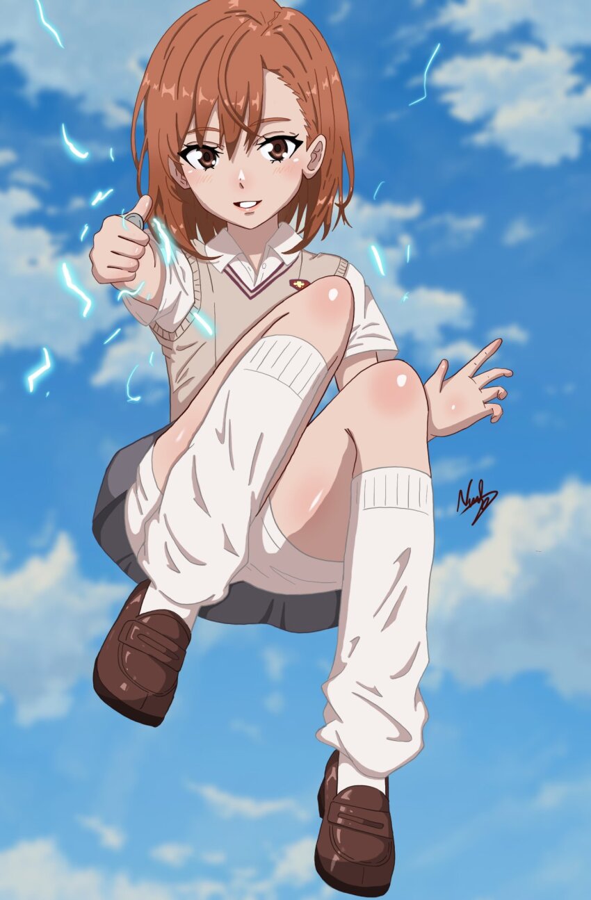 1girl aiming aiming_at_viewer blue_sky brown_sweater_vest brown_vest cloud coin collared_shirt commentary dress_shirt electricity electrokinesis emblem english_commentary full_body grey_skirt highres holding holding_coin loose_socks medium_hair misaka_mikoto nashdnash2007 pleated_skirt psychic railgun_(misaka_mikoto) school_emblem school_uniform shirt shorts shorts_under_skirt skirt sky socks solo summer_uniform sweater_vest toaru_kagaku_no_railgun toaru_majutsu_no_index tokiwadai_school_uniform vest white_shirt white_shorts white_socks