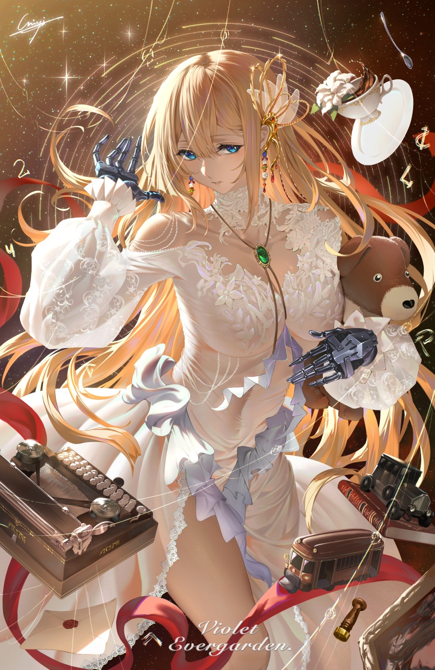 1girl absurdres blonde_hair blue_eyes breasts character_name cleavage commentary_request cup dress earrings envelope gem green_gemstone highres impossible_clothes impossible_dress jewelry large_breasts long_hair long_sleeves looking_at_viewer mechanical_hands parted_lips prosthesis prosthetic_hand puffy_long_sleeves puffy_sleeves qinyi_chinyi saucer signature solo spoon stuffed_animal stuffed_dog stuffed_toy typewriter very_long_hair violet_evergarden violet_evergarden_(series) white_dress