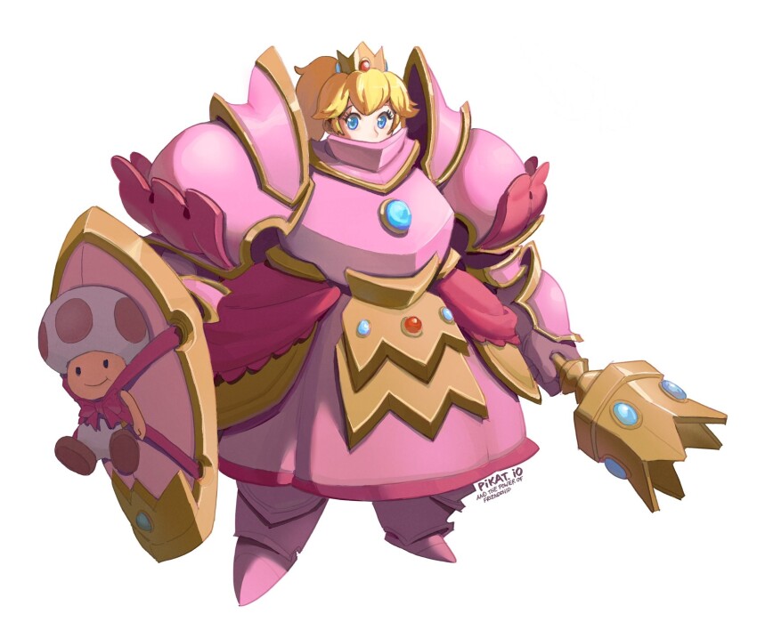 1boy 1girl armor blonde_hair blue_eyes crown full_body gold highres holding holding_weapon mario_(series) nintendo pikat princess_peach shield smile toad_(mario) weapon white_background