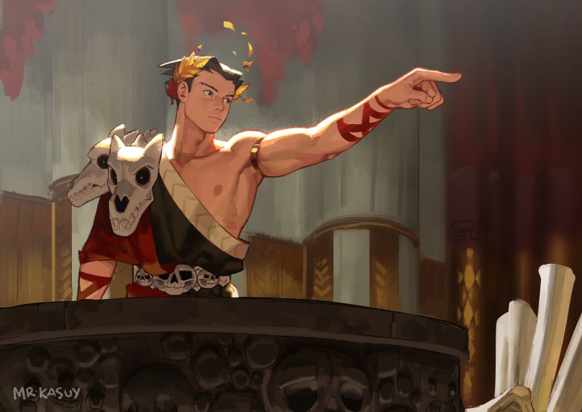 1boy ace_attorney ancient_greek_clothes bare_pectorals black_hair collar collarbone cosplay greco-roman_clothes hades_(series) hades_1 highres large_pectorals laurel_crown male_focus mr_kasuy multiple_boys nipples objection pectorals phoenix_wright short_hair single_bare_shoulder skull solo spiked_hair toned toned_male zagreus_(hades) zagreus_(hades)_(cosplay)