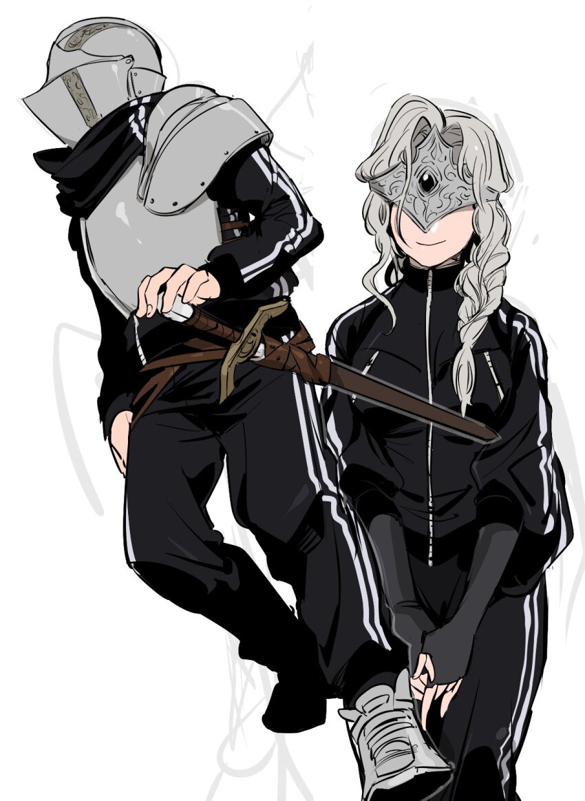 1boy 1girl 6cheetah alternate_costume ashen_one_(dark_souls) black_gloves black_jacket black_pants braid closed_mouth covered_eyes dark_souls_(series) dark_souls_iii fingerless_gloves fire_keeper gloves grey_background helm helmet highres jacket long_hair long_sleeves pants shoes shoulder_plates simple_background smile sportswear sword weapon