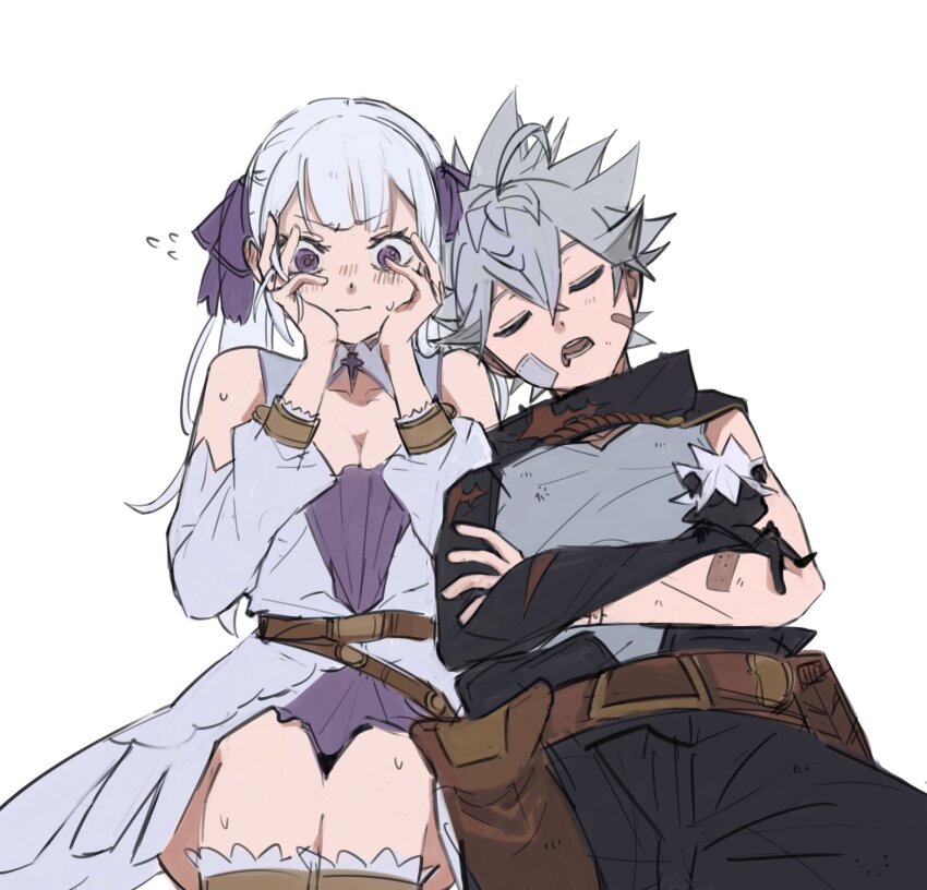 asta_(black_clover) belt black_clover black_pants blush demon dress flustered grey_hair grey_shirt hair_ribbon hands_on_own_face head_on_another&#039;s_shoulder headband_around_neck highres jacket liebe_(black_clover) low_twintails noelle_silva pants poonwip purple_dress purple_ribbon ribbon shirt simple_background sleeping sleeping_on_person sleeveless sleeveless_shirt twintails white_background white_jacket