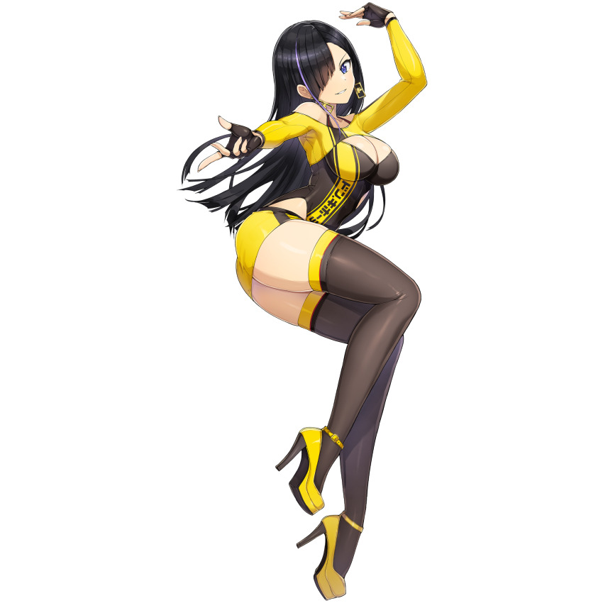 1girl ass black_thighhighs black_wetsuit blue_eyes breasts chuunibyou cleavage cleavage_cutout clothing_cutout dolphin_wave don_quijote_(store) fingerless_gloves game_cg gloves hair_over_one_eye high_heels highres kurose_minami large_breasts leg_up long_hair multicolored_wetsuit non-web_source ootomo_takuji purple_streaks skindentation smile thighhighs transparent_background yellow_wetsuit