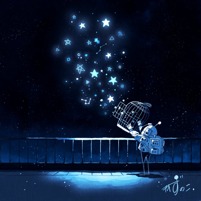 1other absurdres animate_object arms_up artist_name astronaut backpack bag birdcage cage commentary constellation gloves glowing helmet highres holding holding_cage kazunoko_(kazunoko_zunoco) night night_sky on_rooftop original railing rooftop signature sky space_helmet spacesuit standing star_(sky) star_(symbol) starry_sky white_gloves