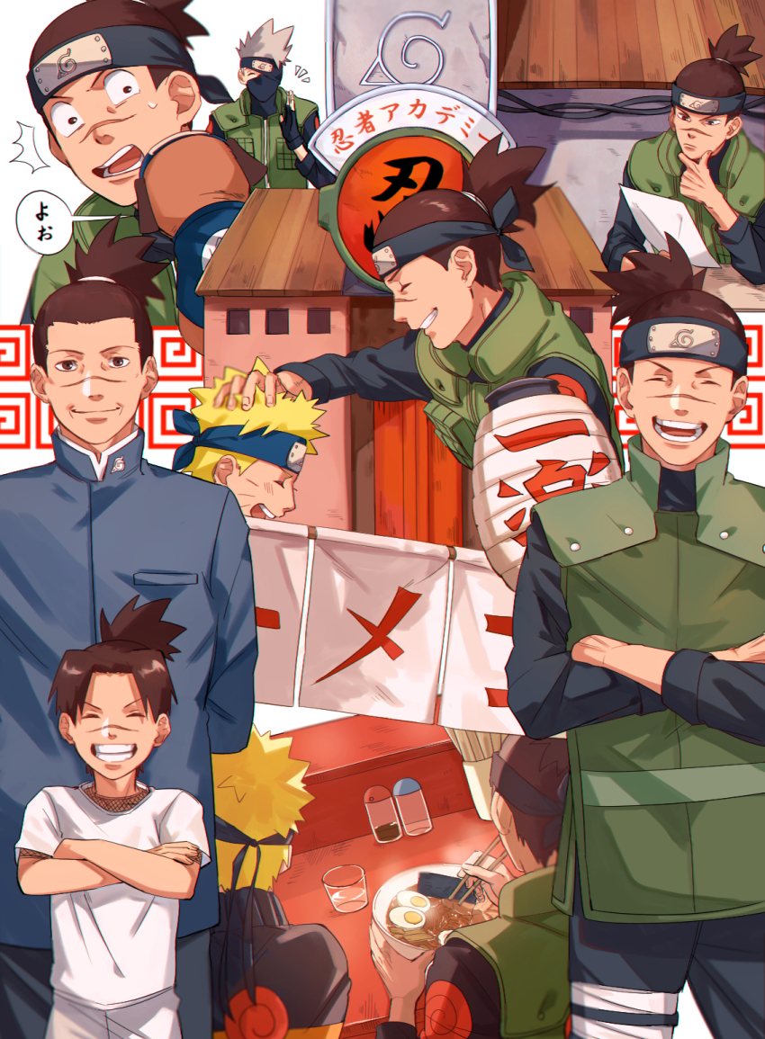 3boys aged_down aged_up blonde_hair blue_jacket bowl brown_eyes brown_hair child chopsticks closed_eyes dog eating egg_(food) fingerless_gloves flak_jacket food forehead_protector glass gloves green_jacket grey_hair hardboiled_egg hatake_kakashi highres holding holding_chopsticks holding_paper jacket konohagakure_shinobi_uniform konohagakure_symbol lantern male_focus mask mirin_(coene65) mouth_mask multiple_boys naruto_(classic) naruto_(series) naruto_shippuuden ninja_mask noodles nori_(seaweed) open_mouth pakkun_(naruto) paper paper_lantern ramen scar scar_on_face scar_on_nose shirt sweatdrop umino_iruka uzumaki_naruto water white_shirt