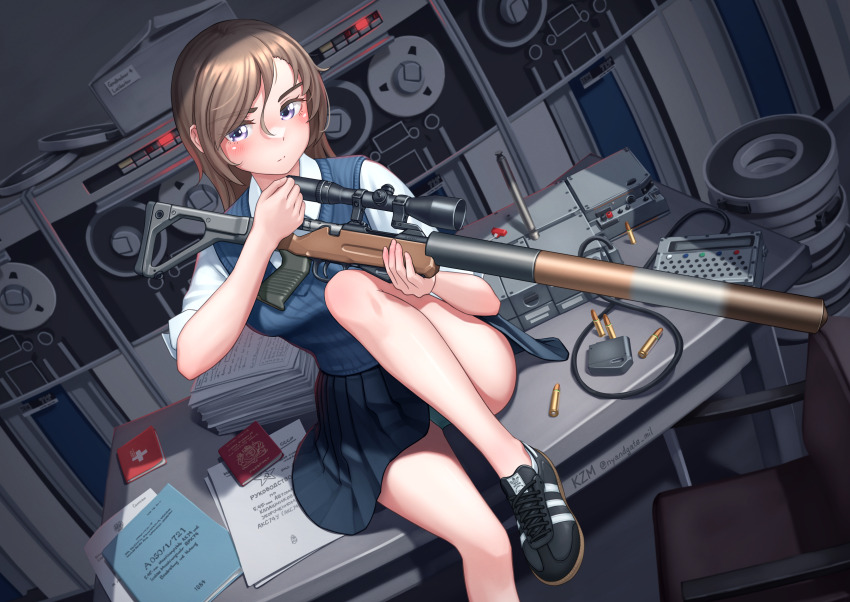 1984_(year) 1girl absurdres anti-materiel_rifle artist_name black_shoes black_skirt blue_panties blue_sweater_vest bolt-action_rifle box brown_hair cardboard_box cartridge chair check_weapon closed_mouth commentary computer cyrillic desk dutch_angle english_commentary feet_out_of_frame g150_rifle grey_eyes gun highres holding holding_weapon indoors kzm_(sub-moa_works) magnetic_tape on_desk original panties pantyshot papers passport pistol_cartridge pleated_skirt rifle school_uniform scope shirt shoes sitting skirt sneakers sniper_rifle solo suppressor sweater_vest table tape_drive twitter_username underwear weapon weapon_request white_shirt