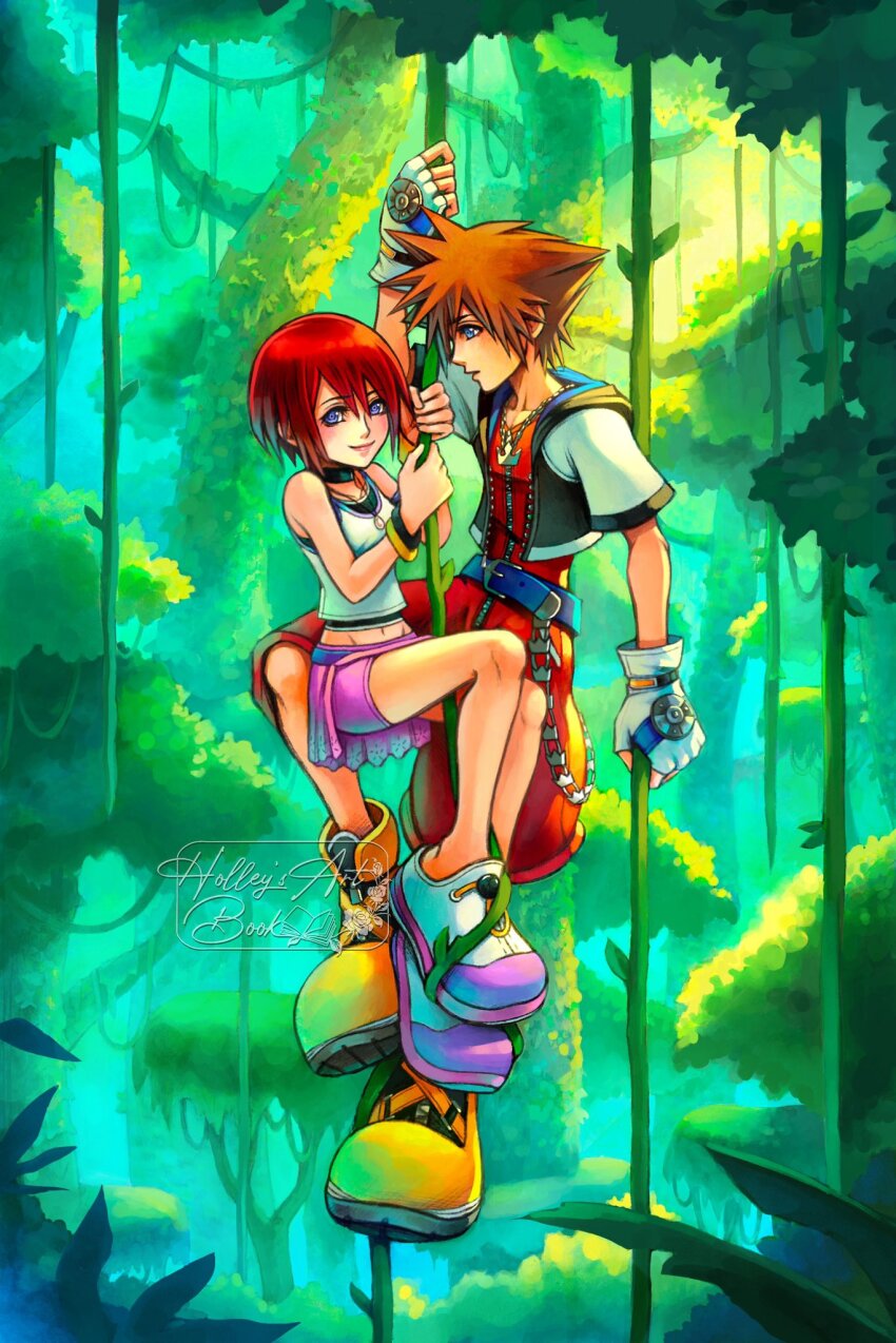 1boy 1girl artist_name bare_shoulders belt belt_buckle black_choker blue_belt blue_eyes blush brown_hair buckle choker closed_mouth commentary english_commentary fingerless_gloves gloves hair_between_eyes highres hollypolllyy jewelry kairi_(kingdom_hearts) kingdom_hearts kingdom_hearts_i lips looking_at_another midriff navel necklace open_mouth pink_lips pink_shorts pink_skirt profile red_hair shirt shoes short_hair short_sleeves shorts shorts_under_skirt skirt sleeveless sleeveless_shirt smile sora_(kingdom_hearts) spiked_hair tarzan_(disney_movie) white_gloves white_shirt white_shoes yellow_shoes