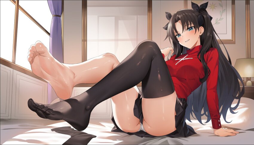 1girl barefoot black_hair black_thighhighs blue_eyes breasts dysoor fate/stay_night fate_(series) full_body hair_ribbon highres looking_at_viewer medium_breasts no_shoes otakueden1995 panties pantyshot ribbon sitting solo thighhighs thighs toes tohsaka_rin two_side_up underwear white_panties window