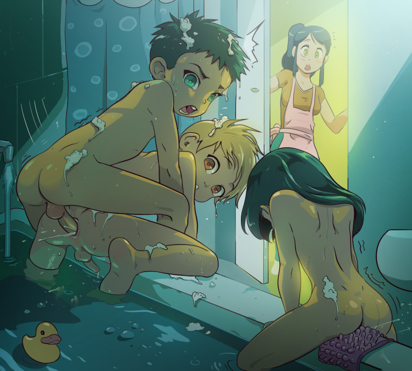 2boys 2girls anal anus apron ass back barefoot bath bath_toy bathing bathroom bathtub blush caught crotch_rub cum cum_in_ass ejaculation feet female_masturbation foam head_down high_ponytail highres kodomo_doushi legs_apart loli looking_at_another looking_to_the_side lunaflame male_penetrated masturbation motion_lines multiple_boys multiple_girls nude open_mouth orgasm original partially_submerged penis ponytail precum pussy_juice rubber_duck sex sex_from_behind shota soap soles straddling surprised testicles uncensored walk-in water wet yaoi