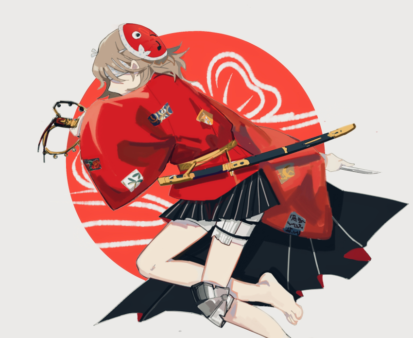 1other ametsukana_yago androgynous bandage_over_one_eye barefoot black_hakama cocopalm hakama hakama_short_skirt hakama_skirt highres japanese_clothes kimono len&#039;en light_brown_hair long_sleeves mask mask_on_head other_focus red_kimono short_hair skirt solo wide_sleeves