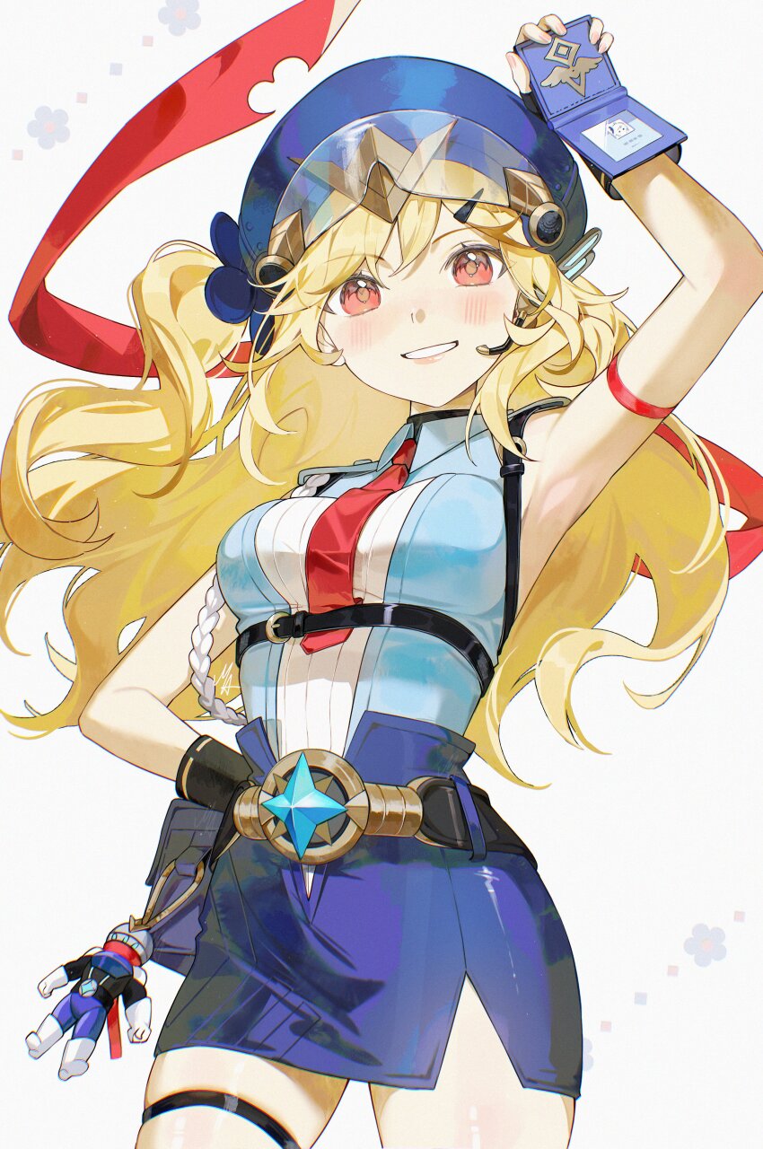 1girl absurdres aiguillette ani_019 armband armpits badge bag bag_charm belt blonde_hair blue_hat blue_shirt blue_skirt blush charm_(object) chest_harness collared_shirt commentary earpiece grin hand_on_own_hip harness hat highres holding_badge layered_shirt long_hair looking_at_viewer mixed-language_commentary necktie official_alternate_costume one_side_up pencil_skirt police police_badge police_uniform policewoman red_armband red_eyes red_necktie red_scarf satchel scarf shirt skindentation skirt sleeveless sleeveless_shirt smile solo stella_sora thigh_gap thigh_strap tilia_(stella_sora) tilia_(this_is_my_justice!)_(stella_sora) white_background white_shirt
