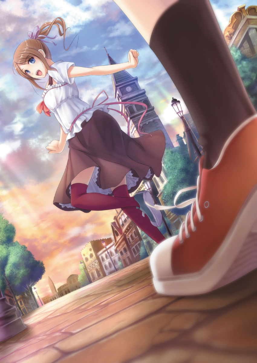 1girl black_socks blue_eyes blurry brown_hair chobipero cloud depth_of_field dutch_angle from_below hair_ribbon highres lamppost looking_back open_mouth original outdoors ponytail ribbon road sett shoes skirt sky smile sneakers socks solo_focus street thighhighs town