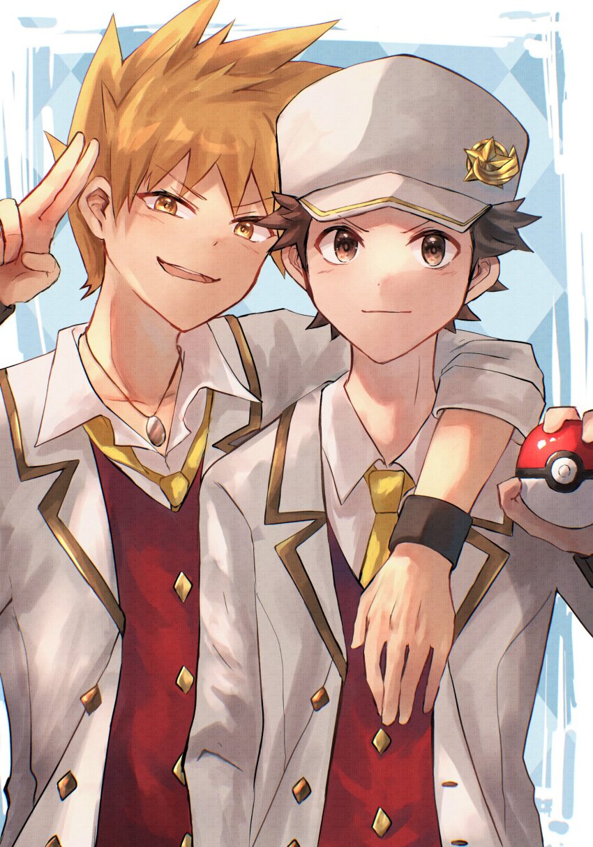 2boys :d absurdres arm_around_shoulder blonde_hair blue_oak brown_eyes brown_hair closed_mouth collared_shirt commentary_request hand_up hat highres holding holding_poke_ball jacket looking_at_viewer male_focus multiple_boys necktie nintendo open_clothes open_jacket open_mouth poke_ball poke_ball_(basic) pokemon pokemon_frlg pokemon_masters_ex red_(pokemon) red_vest salute school_uniform shirt shiruko_(s1ruko) short_hair smile spiked_hair upper_body vest white_shirt wristband yellow_eyes yellow_necktie