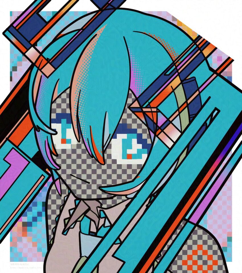 1girl abstract aqua_eyes aqua_hair bare_shoulders border check_commentary closed_mouth collared_shirt commentary commentary_request fake_transparency adversarial_noise greek_commentary grey_shirt hair_between_eyes hair_ornament halftone hatsune_miku highres long_hair looking_at_viewer machigami_yoh necktie outside_border pixelated portrait shirt sleeveless sleeveless_shirt solo twintails vocaloid white_border