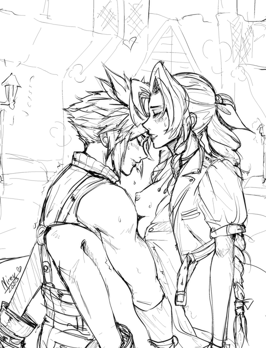 1boy 1girl 2023 aerith_gainsborough artist_name blush boots braid braided_ponytail breasts choker closed_eyes cloud_strife couple cropped_jacket dress final_fantasy final_fantasy_vii final_fantasy_vii_remake greyscale hair_ribbon herzloserengel hetero highres long_hair medium_breasts monochrome nipples open_clothes open_dress parted_bangs parted_lips puffy_short_sleeves puffy_sleeves ribbon sex short_hair short_sleeves sidelocks single_bare_shoulder single_braid sketch sleeveless sleeveless_turtleneck spiked_hair suspenders sweat turtleneck