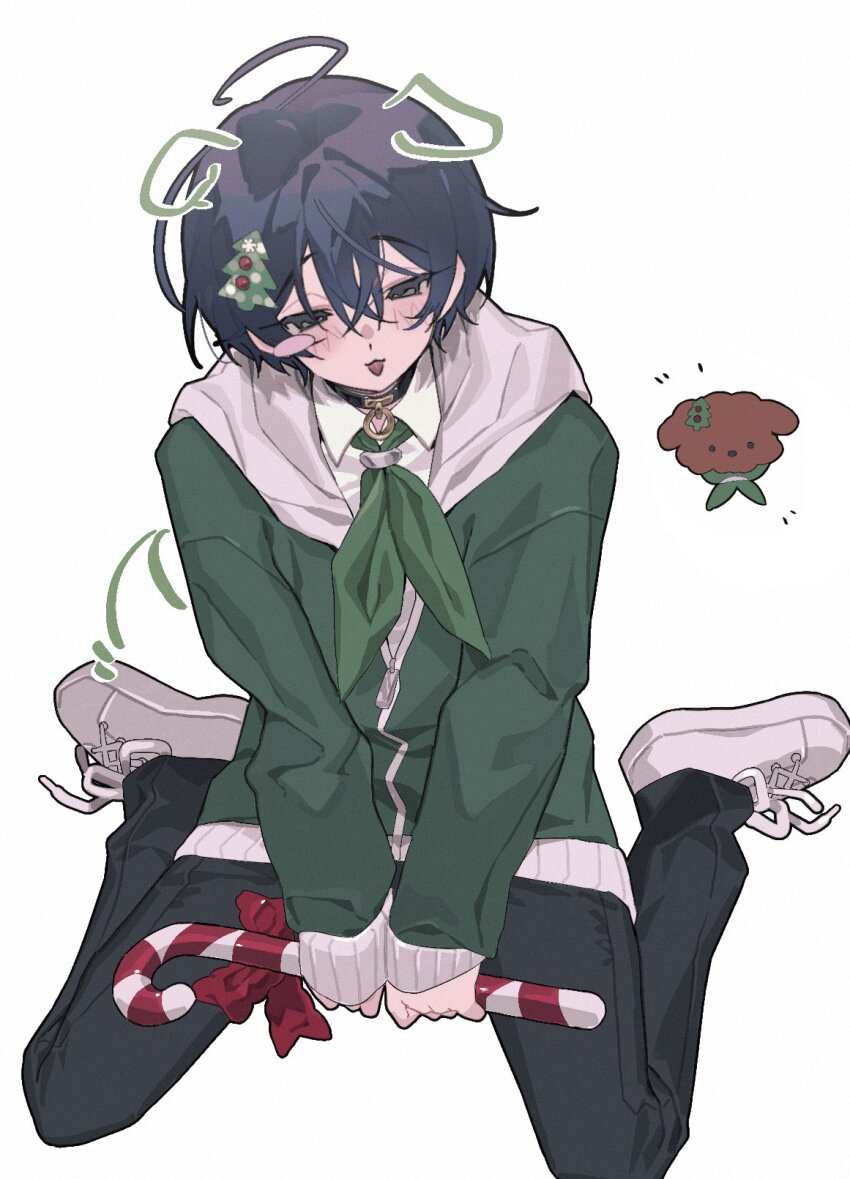 1boy animalization black_pants blue_eyes blue_hair blush candy candy_cane charisma_house christmas_tree_hair_ornament collar collared_shirt commentary_request dog drawn_ears drawn_tail food full_body green_jacket green_necktie hair_between_eyes hair_ornament highres holding holding_candy holding_candy_cane holding_food hood hood_down hooded_jacket jacket male_focus motohashi_iori necktie open_mouth pants partially_unzipped person_and_animalization poca_0422 shirt shoes short_hair simple_background sitting sleeves_past_wrists sneakers wariza white_background white_shirt zipper