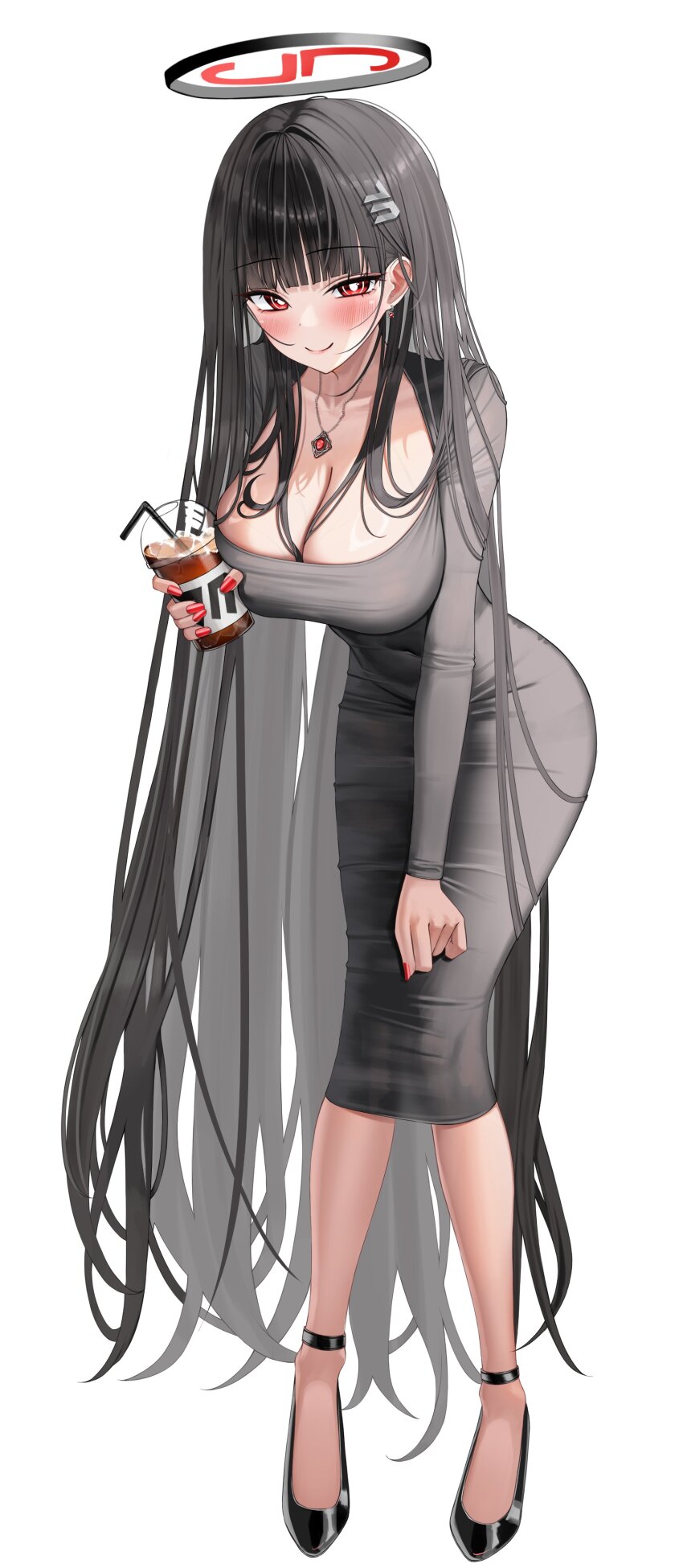 1girl absurdres alternate_costume black_hair black_halo black_shoes blue_archive blunt_bangs blush breasts cleavage closed_mouth collarbone commentary covered_navel cup disposable_cup dress fingernails full_body grey_dress hair_between_breasts halo hashtag-only_commentary high_heels highres holding holding_cup hsxxx jewelry large_breasts leaning_forward long_hair long_sleeves looking_at_viewer nail_polish pencil_dress pendant red_eyes red_nails rio_(blue_archive) shoes simple_background smile solo standing very_long_hair white_background