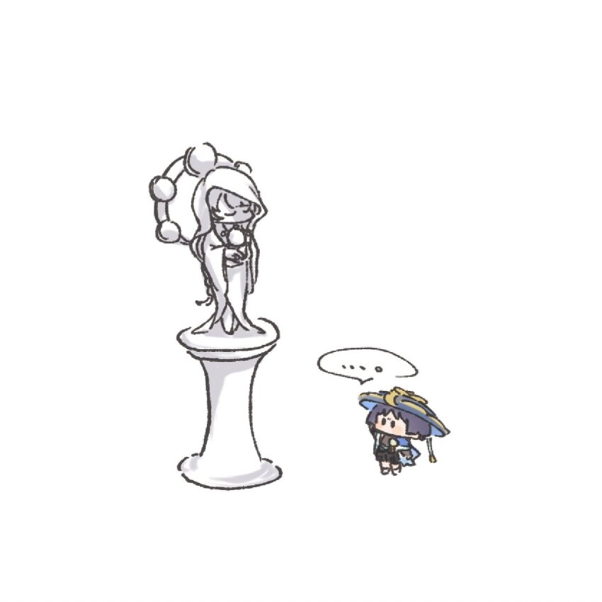 ... 1boy black_eyes black_hair black_shirt black_shorts blue_headwear blush chibi genshin_impact highres jacket looking_up raiden_shogun scaramouche_(genshin_impact) shirt shorts speech_bubble spoken_ellipsis statue statue_of_the_seven wanderer_(genshin_impact) white_background white_jacket yoku_(knee_cap_)
