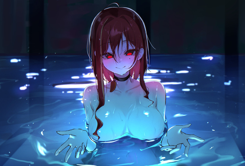 1girl absurdres akane_lize black_choker breasts chainsaw_man choker closed_mouth collarbone commentary_request dated_commentary glowing glowing_eyes hair_between_eyes hair_over_breasts hair_over_shoulder hands_up highres korean_commentary large_breasts long_bangs long_hair long_sidelocks looking_at_viewer mole mole_under_eye multicolored_hair no_nipples nude partially_submerged pool red_eyes red_hair scene_reference sidelocks smile solo stellive streaked_hair virtual_youtuber water water_drop wet wet_hair yeomhwauranyum