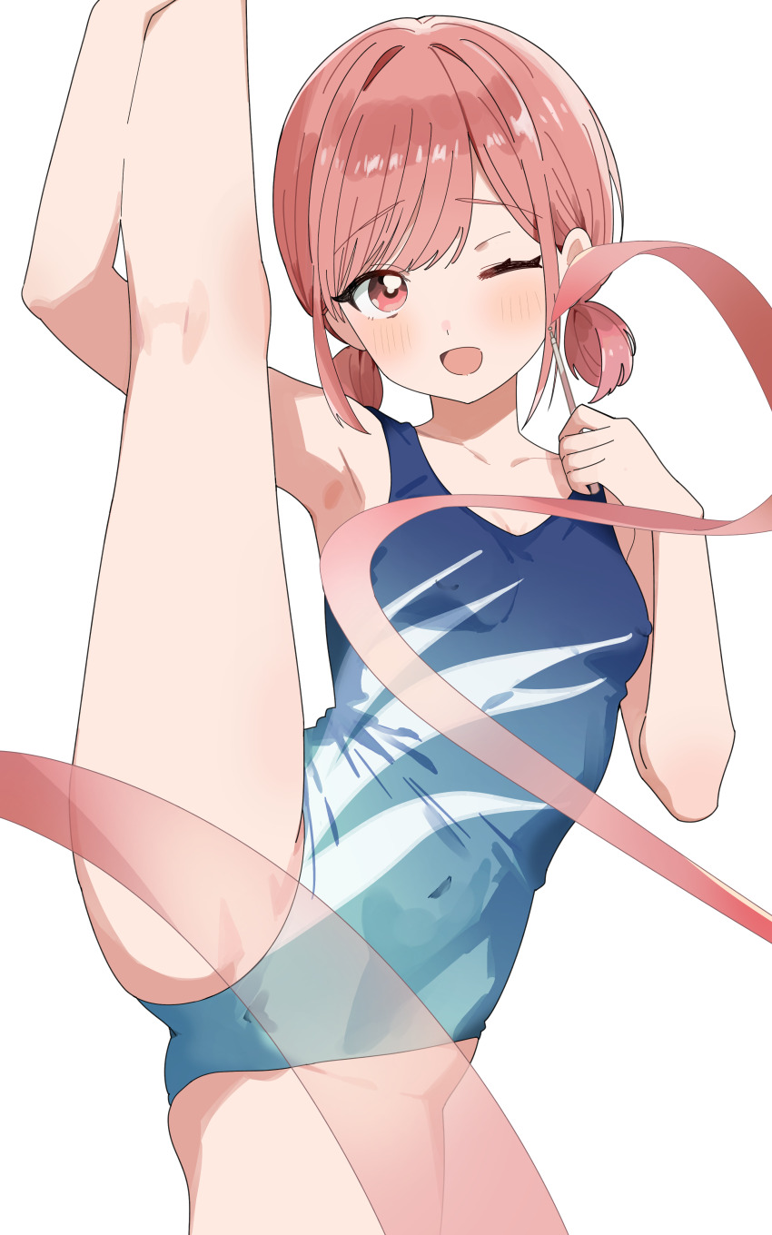 1girl absurdres ao_no_hako athletic_leotard blue_leotard breasts brown_eyes brown_hair chouno_hina coco_irasuto commission cowboy_shot gradient_clothes gradient_leotard gymnastics highres leotard looking_at_viewer multicolored_leotard one_eye_closed pixiv_commission rhythmic_gymnastics ribbon ribbon_baton short_hair simple_background small_breasts solo split standing standing_on_one_leg standing_split very_low_bun white_background