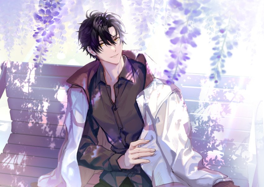 1boy bench black_hair black_shirt blurry chinese_commentary closed_mouth collared_shirt dappled_sunlight flower hair_between_eyes jacket jacket_on_shoulders long_sleeves looking_at_viewer male_focus multicolored_jacket on_bench open_clothes open_collar outdoors pants parted_lips purple_flower quan_zhi_gao_shou shirt short_hair sitting smile solo sunlight upper_body white_jacket wisteria ye_xiu yellow_eyes yinbox