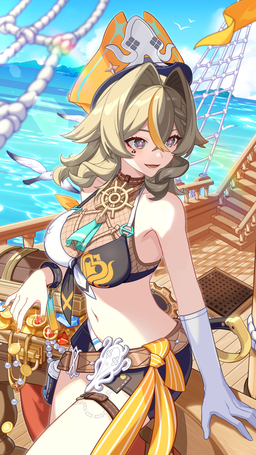 1girl :d absurdres bare_shoulders belt bikini bird blue_sky braid breasts brown_belt chinese_commentary cloud coin commentary_request day facial_mark fishnets gloves grey_eyes grey_hair hair_intakes hat highres honkai_(series) honkai_impact_3rd large_breasts medium_hair navel ocean official_art open_mouth orange_hat purple_pupils ship single_glove sitting sky smile solo stomach swimsuit thigh_strap thighs treasure_chest vill-v vill-v_(i&#039;m_the_storm) water watercraft white_gloves wooden_floor