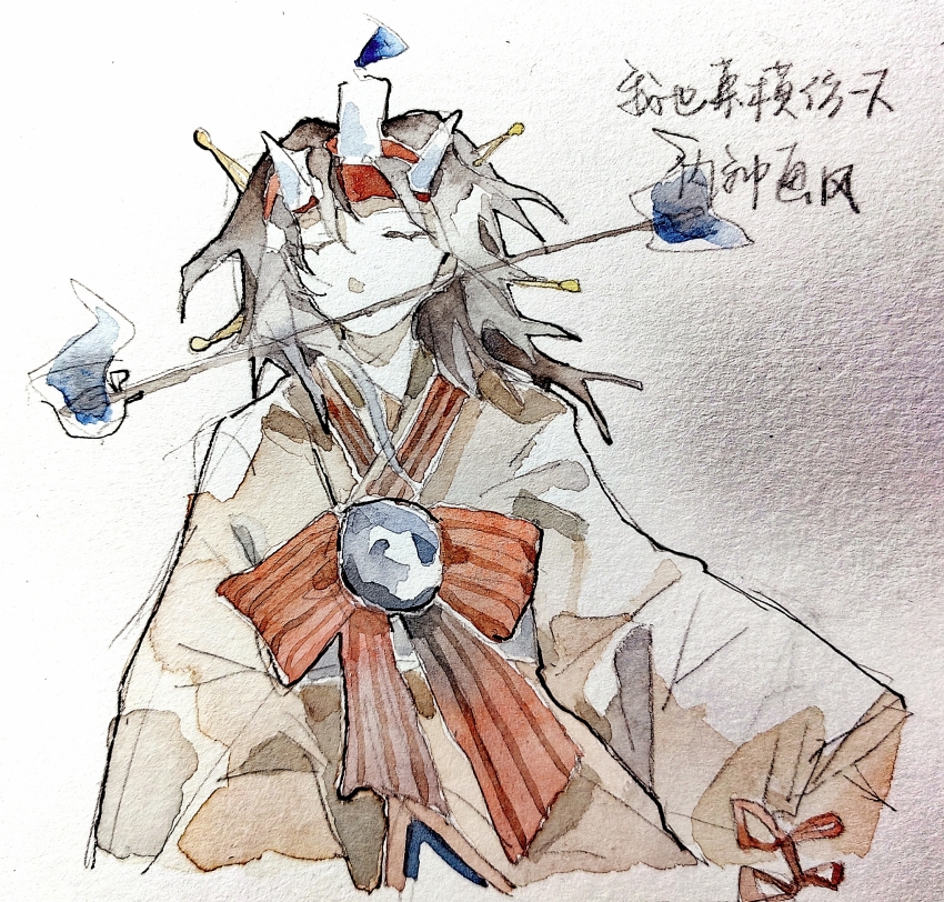 1other aaayamitsu absurdres androgynous black_hair blue_fire brown_kimono candle_on_head chinese_text closed_eyes commentary_request fire headband highres horns japanese_clothes kimono len&#039;en long_hair long_sleeves obi other_focus painting_(medium) red_headband red_ribbon ribbon sash solo taira_no_chouki traditional_media translation_request upper_body watercolor_(medium) white_horns