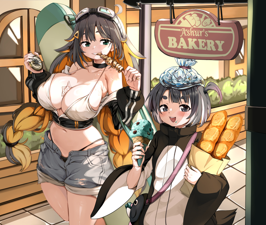 2girls absurdres animal_costume bag bakery bare_shoulders bikini bikini_top_only blush braid bread breasts cleavage compass delia_(trickcal) eating food goggles guin_(trickcal) highres holding holding_ice_cream_cone ice ice_cream ice_cream_cone ice_cube large_breasts long_hair looking_at_viewer mint_chocolate mint_chocolate_(razschi) multicolored_hair multiple_girls navel open_mouth penguin_costume road shop short_hair shorts shoulder_bag siblings sisters small_breasts street swimsuit teeth trickcal twin_braids upper_teeth_only white_bikini yakitori yume_no_hana_(sbac0019)