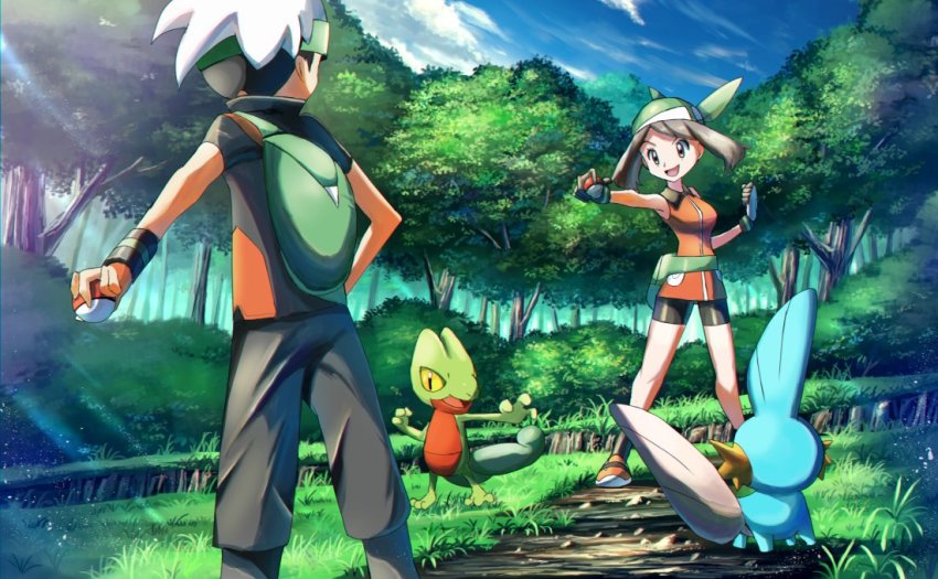 1boy 1girl bandana beanie bike_shorts black_hair brendan_(pokemon) brendan_(pokemon_emerald) brown_hair capri_pants clenched_hand cloud commentary_request day fanny_pack gen_3_pokemon gloves grass green_bag green_bandana hat holding holding_poke_ball knees may_(pokemon) may_(pokemon_emerald) mudkip nintendo open_mouth outdoors pants poke_ball poke_ball_(basic) pokemon pokemon_(creature) pokemon_emerald pokemon_rse rock rowdon shiny_clothes shirt short_hair short_sleeves sky sleeveless sleeveless_shirt smile standing tongue tree treecko white_headwear