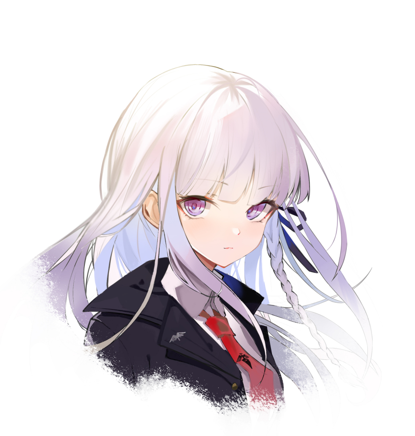 1girl black_jacket braid collared_shirt cropped_shoulders danganronpa:_trigger_happy_havoc danganronpa_(series) grey_shirt highres jacket kirigiri_kyoko long_hair looking_at_viewer necktie open_clothes open_jacket paheide_guang pink_eyes red_necktie shirt side_braid simple_background single_braid smile solo white_background white_hair