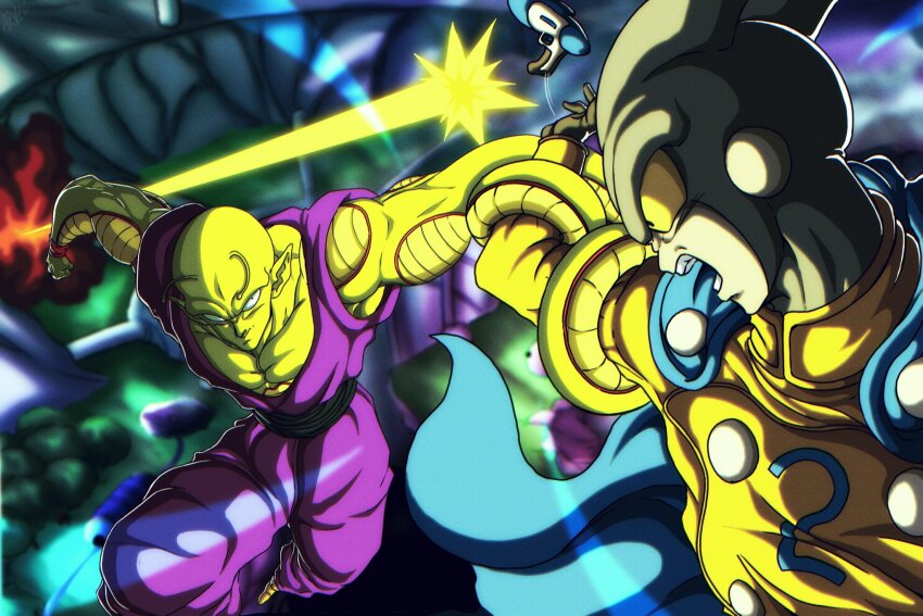 2boys android cape dragon_ball dragon_ball_super dragon_ball_super_super_hero fighting flying gamma_2 gun gun_shot highres multiple_boys muscular muscular_male namekian piccolo potential_unleashed red_ribbon_army robot stretching_arm superhero_costume surprised weapon
