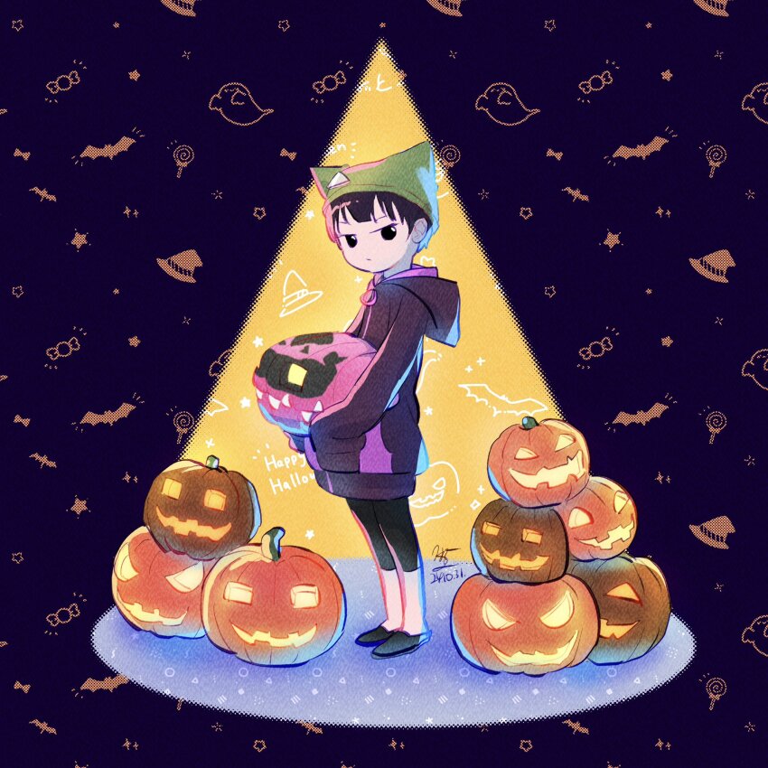 digimon digimon_survive halloween highres looking_at_viewer pumpkin shakomon shinonome_miu smile
