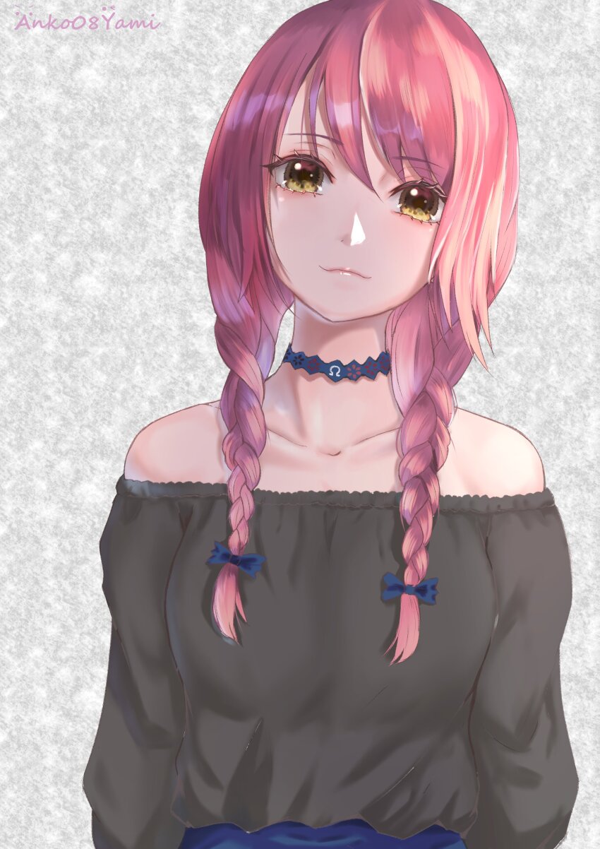 1girl absurdres alternate_hairstyle bare_shoulders black_shirt bow braid breasts collarbone commentary_request hair_bow head_tilt highres low_twin_braids medium_breasts off-shoulder_shirt off_shoulder omega_rio omega_sisters omega_symbol pink_hair shirt signature smile solo twin_braids upper_body virtual_youtuber yami_anko yellow_eyes