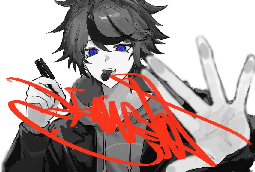 blue_eyes character_signature commentary greyscale highres holding holding_marker jacket jacket_over_hoodie lapels male_focus marker monochrome mouth_hold multicolored_hair notched_lapels official_alternate_costume open_clothes open_jacket short_hair simple_background sparrowhabird spot_color streaked_hair sumino_takumi symbol-only_commentary the_hundred_line_-last_defense_academy- tower_records upper_body
