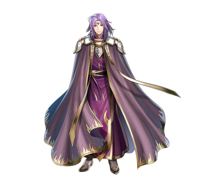 1boy absurdres cape circlet commentary_request fire_emblem fire_emblem:_the_sacred_stones fire_emblem_heroes haru_(toyst) highres lyon_(fire_emblem) male_focus medium_hair nintendo official_art purple_eyes purple_hair simple_background solo standing white_background