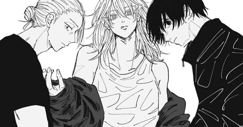 1girl 2boys akao_rion highres jacket lineart multiple_boys nagumo_(sakamoto_days) oteokwr sakamoto_days sakamoto_taro sakamoto_taro_(skinny) shirt simple_background sketch