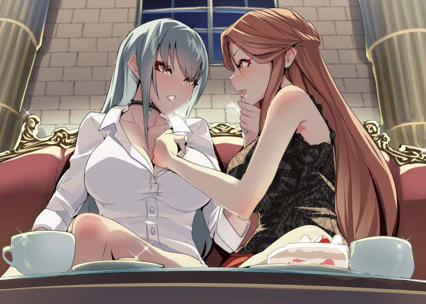 2girls after_kiss bare_shoulders black_choker black_tank_top blue_hair braid breasts brick_wall brown_eyes brown_hair cake choker cleavage collared_shirt commentary_request commission couch crossed_legs cup dress_shirt food from_below grabbing_another&#039;s_chin hand_on_another&#039;s_chin highres holding holding_shirt holding_unworn_clothes idolmaster idolmaster_cinderella_girls jewelry large_breasts long_hair monobe_yuri multiple_girls necklace pillar plate saliva saliva_trail shirt sitting skeb_commission takamine_noa tank_top thighs unworn_shirt white_shirt window yuri zaizen_tokiko